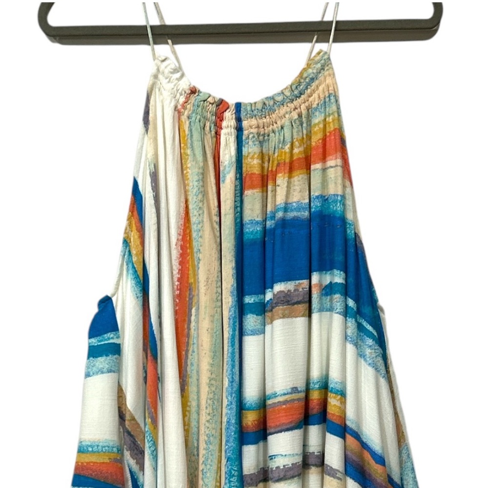 Free People Painted Stripe Mini Dress Halter Tunic White Multi Sundress Large - Picture 5 of 15